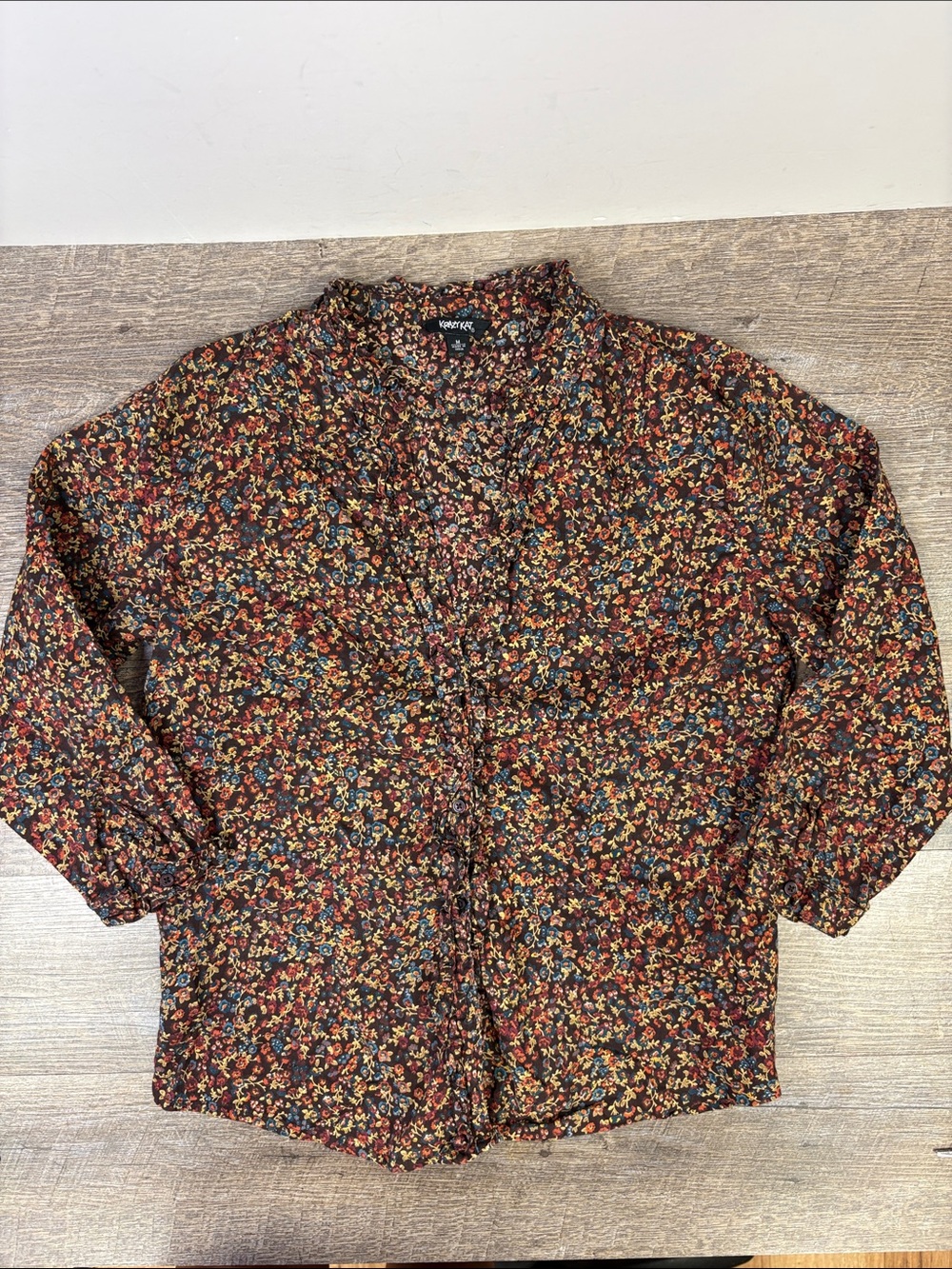 Krazy Kat Floral Ruffle Button Front Cotton Blouse Size M